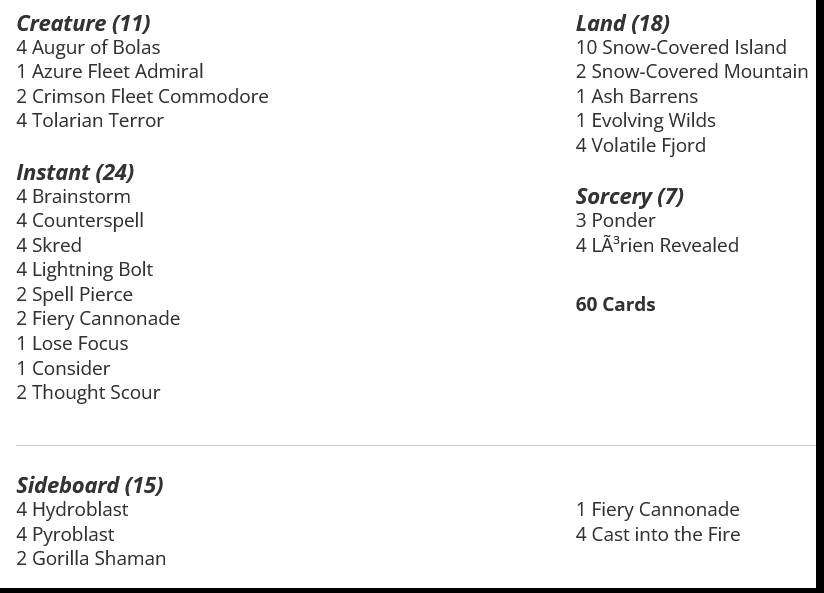 4 Brainstorm
4 Counterspell
10 Snow-Covered Island
2 Snow-Covered Mountain
4 Skred
4 Lightning Bolt
3 Ponder
2 Spell Pierce
4 Augur of Bolas
2 Fiery Cannonade
1 Ash Barrens
1 Azure Fleet Admiral
2 Crimson Fleet Commodore
1 Evolving Wilds
4 Volatile Fjord
1 Lose Focus
1 Consider
2 Thought Scour
4 Tolarian Terror
4 Lorien Revealed

Sideboard
4 Hydroblast
4 Pyroblast
2 Gorilla Shaman
1 Fiery Cannonade
4 Cast into the Fire
