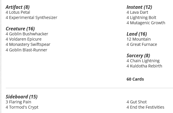 4 Lotus Petal
12 Mountain
4 Lava Dart
4 Great Furnace
4 Lightning Bolt
4 Chain Lightning
4 Kuldotha Rebirth
4 Mutagenic Growth
4 Goblin Bushwhacker
4 Voldaren Epicure
4 Experimental Synthesizer
4 Monastery Swiftspear
4 Goblin Blast-Runner

Sideboard
3 Flaring Pain
4 Tormod's Crypt
4 Gut Shot
4 End the Festivities
