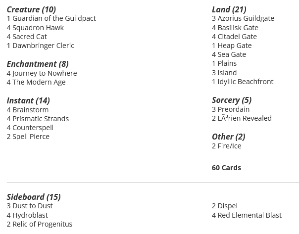4 Brainstorm
2 Fire/Ice
4 Prismatic Strands
1 Guardian of the Guildpact
4 Journey to Nowhere
4 Squadron Hawk
3 Azorius Guildgate
4 Sacred Cat
1 Dawnbringer Cleric
4 The Modern Age
4 Counterspell
4 Basilisk Gate
4 Citadel Gate
1 Heap Gate
4 Sea Gate
2 Spell Pierce
1 Plains
3 Island
1 Idyllic Beachfront
3 Preordain
2 Lórien Revealed

Sideboard
3 Dust to Dust
4 Hydroblast
2 Relic of Progenitus
2 Dispel
4 Red Elemental Blast
