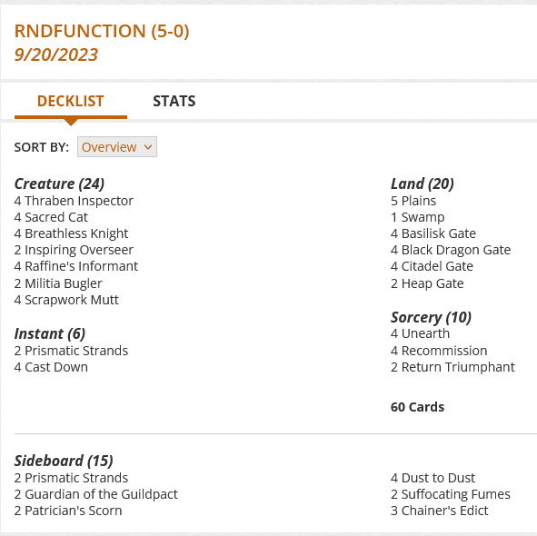 2 Prismatic Strands
5 Plains
4 Thraben Inspector
4 Sacred Cat
4 Cast Down
1 Swamp
4 Breathless Knight
2 Inspiring Overseer
4 Raffine's Informant
4 Basilisk Gate
4 Black Dragon Gate
4 Citadel Gate
2 Heap Gate
2 Militia Bugler
4 Unearth
4 Recommission
4 Scrapwork Mutt
2 Return Triumphant

Sideboard
2 Prismatic Strands
2 Guardian of the Guildpact
2 Patrician's Scorn
4 Dust to Dust
2 Suffocating Fumes
3 Chainer's Edict
