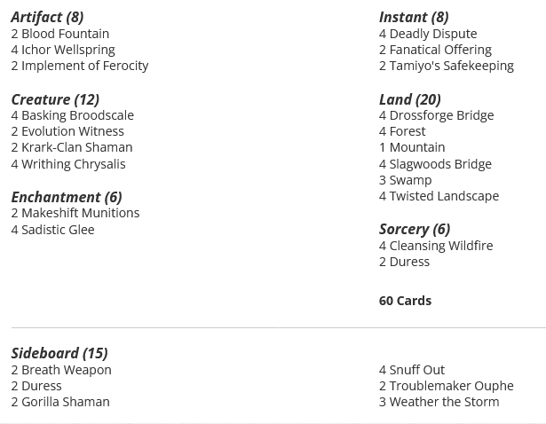 4 Basking Broodscale
2 Blood Fountain
4 Cleansing Wildfire
4 Deadly Dispute
4 Drossforge Bridge
2 Duress
2 Evolution Witness
2 Fanatical Offering
4 Forest
4 Ichor Wellspring
2 Implement of Ferocity
2 Krark-Clan Shaman
2 Makeshift Munitions
1 Mountain
4 Sadistic Glee
4 Slagwoods Bridge
3 Swamp
2 Tamiyo's Safekeeping
4 Twisted Landscape
4 Writhing Chrysalis

Sideboard
2 Breath Weapon
2 Duress
2 Gorilla Shaman
4 Snuff Out
2 Troublemaker Ouphe
3 Weather the Storm
