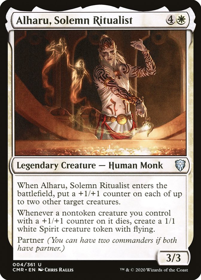 Alharu, Solemn Ritualist {4}{W}
Legendary Creature — Human Monk
When Alharu enters, put a +1/+1 counter on each of up to two other target creatures.
Whenever a nontoken creature you control with a +1/+1 counter on it dies, create a 1/1 white Spirit creature token with flying.
Partner (You can have two commanders if both have partner.)
3/3
Illustrated by Chris Rallis