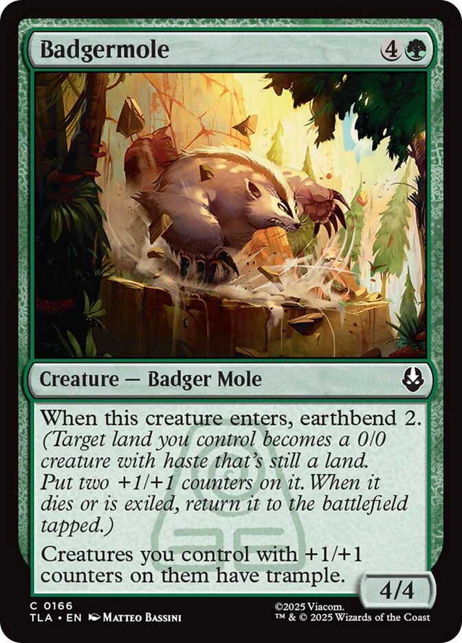  Badgermole {4}{G}

Creature — Badger Mole

When this creature enters, earthbend 2. (Target land you control becomes a 0/0 creature with haste that’s still a land. Put two +1/+1 counters on it. When it dies or is exiled, return it to the battlefield tapped.)

Creatures you control with +1/+1 counters on them have trample.
4/4

Watermark: Earth Kingdom

Illustrated by Matteo Bassini 