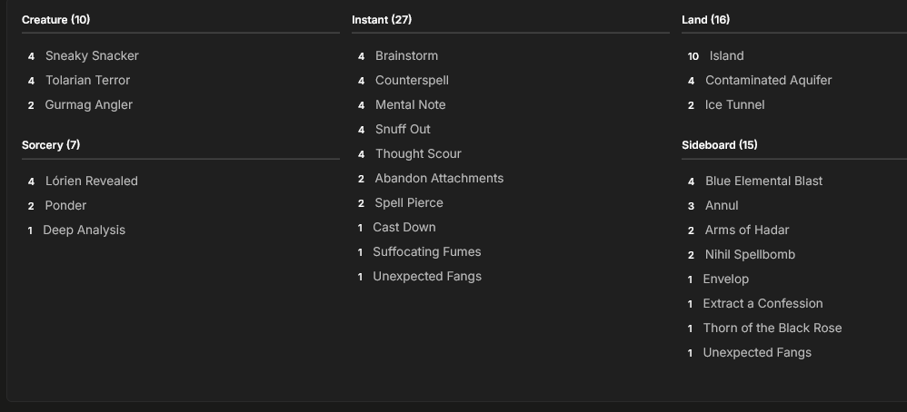 MainDeck
4 Counterspell
4 Sneaky Snacker
2 Gurmag Angler
10 Island
1 Cast Down
1 Deep Analysis
4 Snuff Out
4 Tolarian Terror
2 Ponder
2 Ice Tunnel
4 Thought Scour
2 Spell Pierce
4 Brainstorm
2 Abandon Attachments
1 Suffocating Fumes
4 Mental Note
1 Unexpected Fangs
4 Contaminated Aquifer
4 Lórien Revealed

Sideboard
4 Blue Elemental Blast
2 Nihil Spellbomb
1 Extract a Confession
1 Envelop
1 Thorn of the Black Rose
3 Annul
1 Unexpected Fangs
2 Arms of Hadar