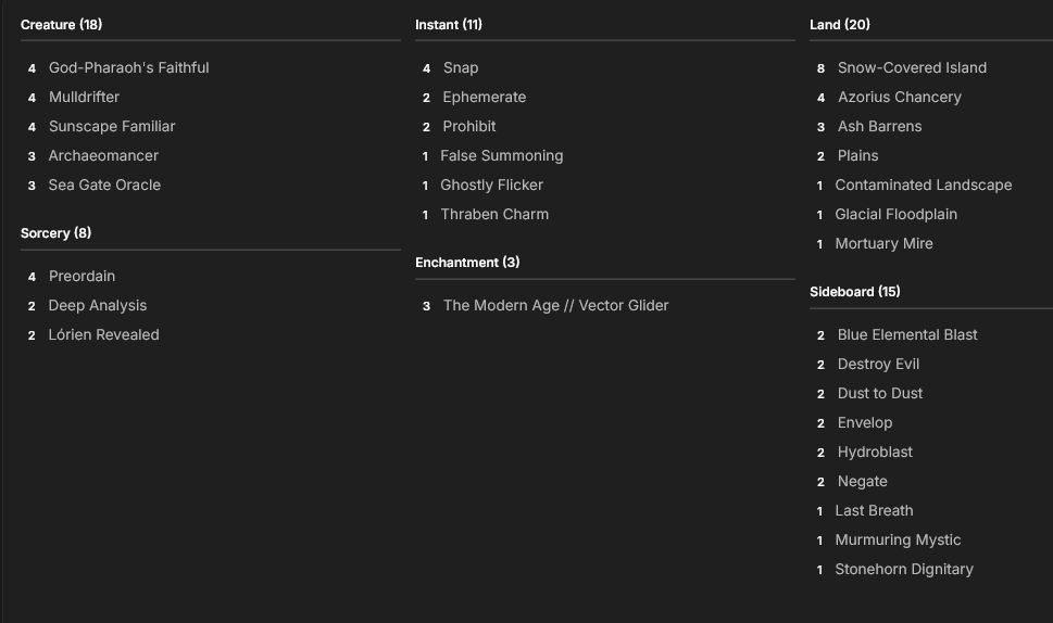 MainDeck
8 Snow-Covered Island
4 Sunscape Familiar
1 False Summoning
2 Prohibit
4 Snap
2 Deep Analysis
2 Ephemerate
4 Azorius Chancery
3 Archaeomancer
3 Ash Barrens
4 Preordain
1 Thraben Charm
1 Contaminated Landscape
1 Ghostly Flicker
3 The Modern Age // Vector Glider
1 Glacial Floodplain
3 Sea Gate Oracle
2 Lórien Revealed
2 Plains
4 Mulldrifter
4 God-Pharaoh's Faithful
1 Mortuary Mire

Sideboard
1 Murmuring Mystic
2 Negate
1 Last Breath
2 Hydroblast
2 Blue Elemental Blast
2 Destroy Evil
2 Envelop
1 Stonehorn Dignitary
2 Dust to Dust